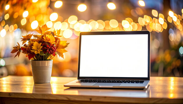 Open laptop showing blank product grid screen on clean desk with warm autumn bokeh behind generative AI