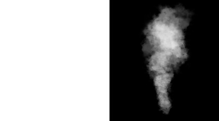 Obraz premium Atmospheric white smoke plume on black background, realistic steam vapor effect, ethereal mist and fog cloud for cinematic compositing