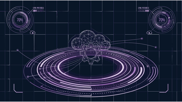 Futuristic purple digital HUD interface with a cloud computing and gear symbol for technology concepts