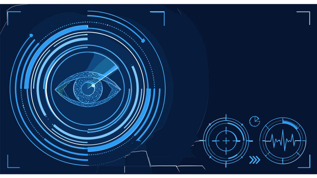 Futuristic biometric eye scanner and digital security interface design with glowing blue HUD elements