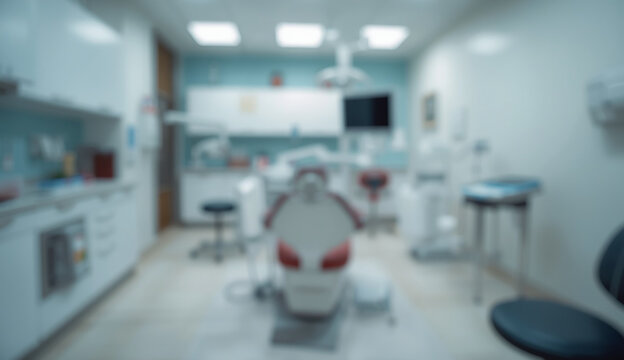  Blurry image of a dental room featuring chairs and a desk, suggesting a clinical environment for dental care