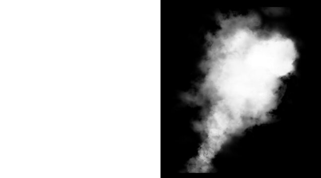 Atmospheric white smoke plume on black background, realistic steam cloud texture, ethereal fog and vapor mist for overlay effects