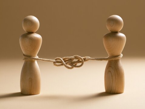 Two wooden figures tied together by a rope in a studio setting