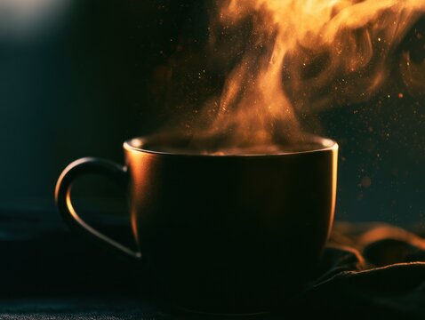Close up of a steaming cup of hot coffee with warm light and floating particles