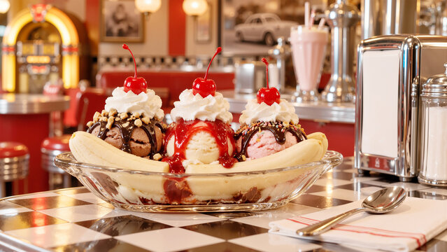 Classic American Banana Split Sundae with Whipped Cream, Cherries, and Syrups on a Checkered Counter in a Retro 1950s Diner
