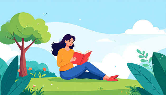 Relaxed reader sitting on grass in sunny park with a book in friendly illustration generative AI