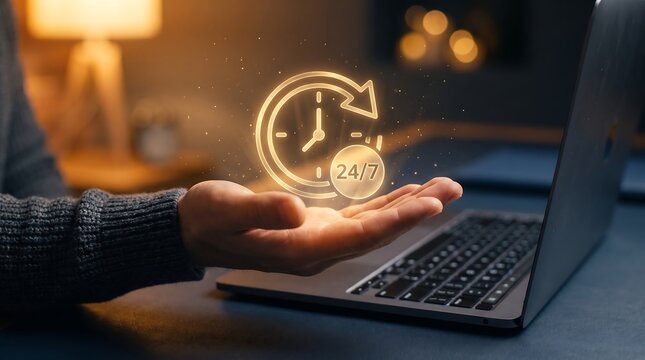 A glowing clock face with circular arrows and the text 24 7 is held in a person s palm above a laptop
