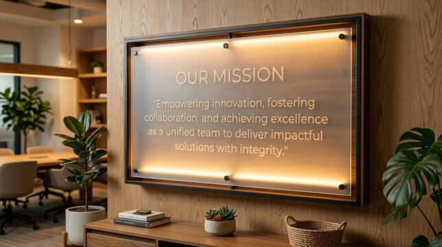 Illuminated mission statement displayed