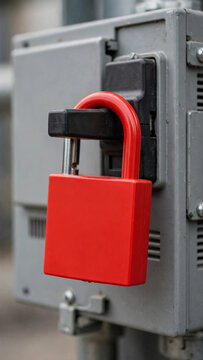 Red safety padlock locked on industrial disconnect switch handle