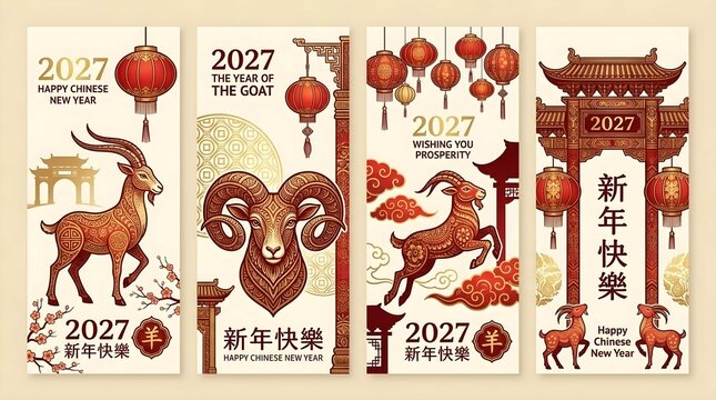 Set of four vertical banners for Chinese New Year 2027 the Year of the Goat, featuring traditional illustrations of sheep, rams, red lanterns, oriental architecture, and auspicious clouds.