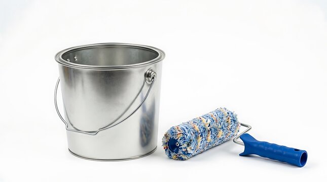 Metal paint bucket and a roller tool for home renovation