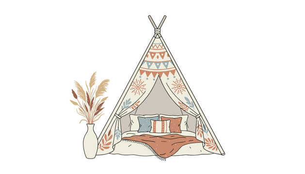 Cozy boho style teepee tent decorated with patterned fabrics, soft pillows, and dried pampas grass in a vase.