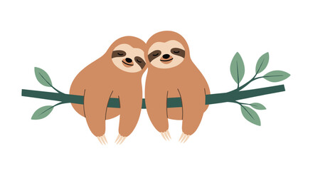 Fototapeta premium Adorable cartoon brown sloths hugging while hanging on a tree branch representing friendship love and relaxation.