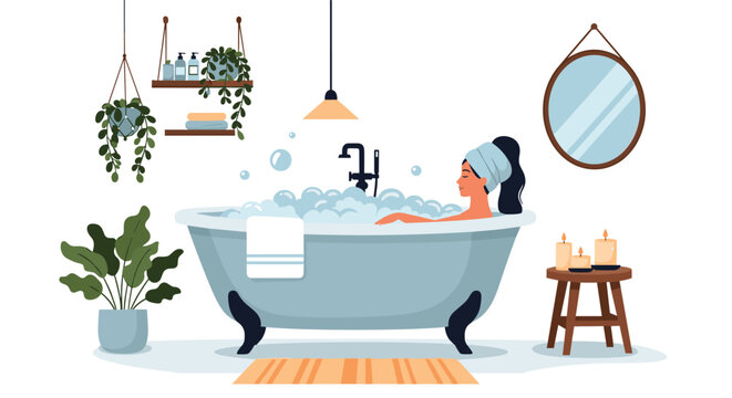 Beautiful young woman enjoying relaxing hot bubble bath in modern cozy bathroom interior with green house plants.
