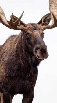 Lifelike Moose with Impressive Antlers Standing Isolated on White Background, Displaying a Curious Expression. Video made using Generative AI.