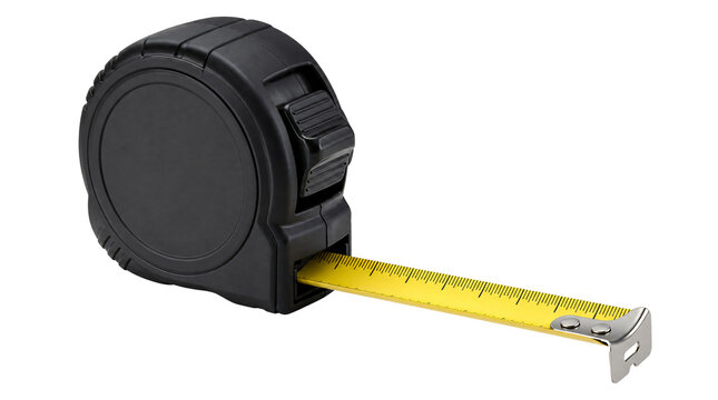 Black retractable tape measure with yellow steel blade isolated on transparent background
