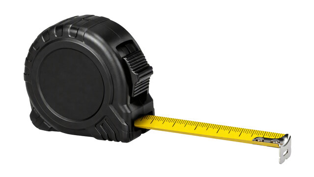 Black retractable tape measure with yellow steel blade isolated on transparent background