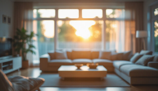 A modern blurred living room showcasing a stylish couch and a flat-screen television, creating a welcoming atmosphere.