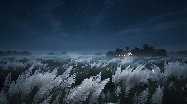 Kash Phool Field at Night with Distant Glowing Village Lights and Atmospheric Blue Sky