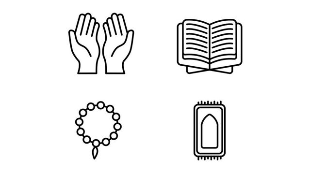 Seamless loop animation of Muslim daily worship symbols in minimalist black outline style, continuous motion on transparent background