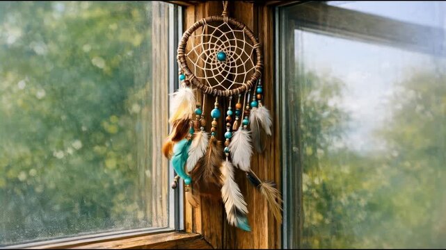 A dream catcher hangs from a window sill, waiting to catch bad dreams