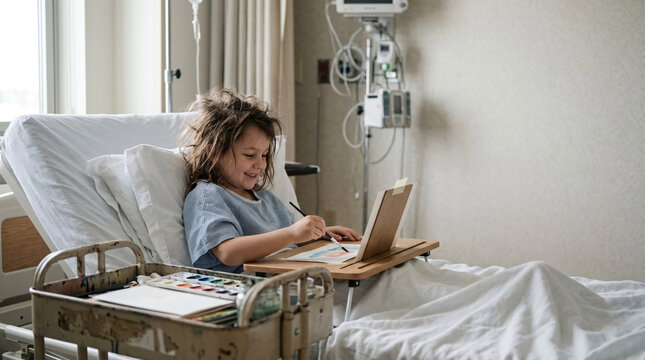 A young child with a bright smile lies in a hospital bed, engaged in drawing and painting with watercolors, surrounded by medical equipment.