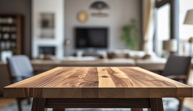 A wooden table set in a living room, surrounded by comfortable furniture, creating a welcoming environment.