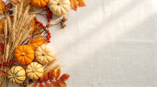 Autumn pumpkins wheat stalks and colorful maple leaves rest on a textured white linen surface gourd squash grain foliage seasonal harvest