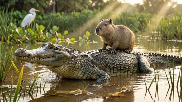 Capybara Riding on a Crocodile in a Tropical Wetland