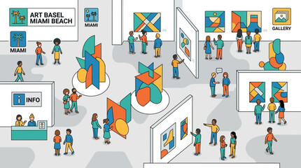Fototapeta premium Isometric illustration of Art Basel Miami Beach art fair with visitors viewing paintings and sculptures across gallery booths