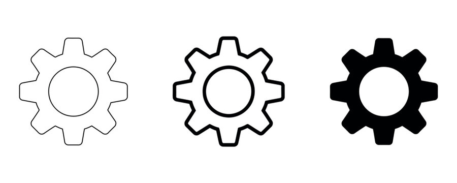Gear icon set. Settings cog wheel symbols. Simple pictograms for system preferences, options menu, mechanism, technical process, adjust configuration and user interface design.