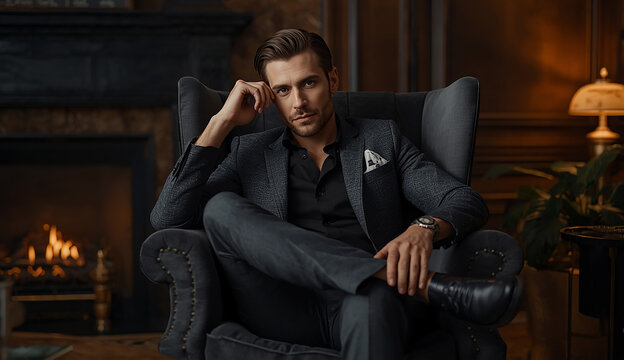 A man wearing a suit is sitting in a chair, presenting an image of elegance and authority.