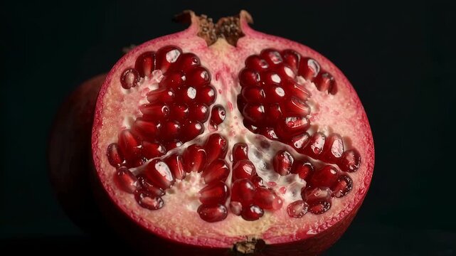 Pomegranate half with seeds on dark background, close up studio shot of fresh organic red fruit showing texture, healthy raw food and nutrition concept