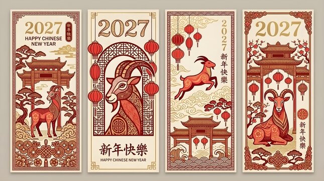 Set of four vertical Chinese New Year 2027 banners featuring the Year of the Goat zodiac, traditional red lanterns, oriental architecture, and festive ornaments for lunar new year celebration.