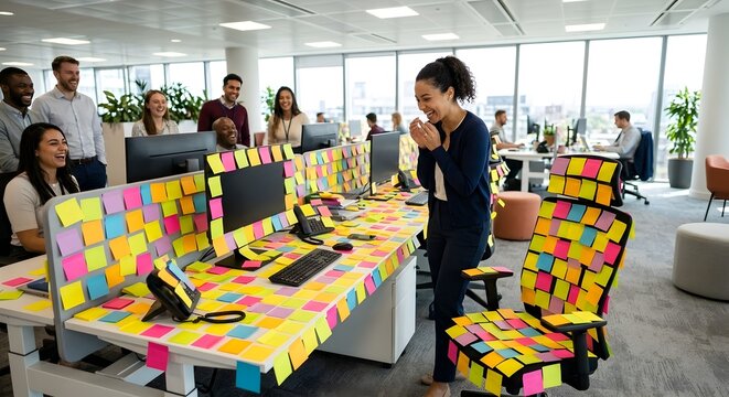 Coworkers laughing at sticky note prank in modern office