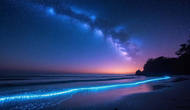 The Milky Way galaxy illuminated over a calm ocean at night, with stars reflecting on the water's surface.