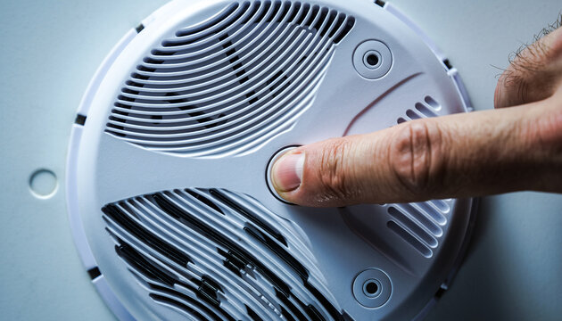 Man pressing the test button on a smoke detector for home safety