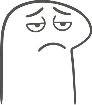 Comical simplistic linear vector character with a sad, tired face and exhausted expression