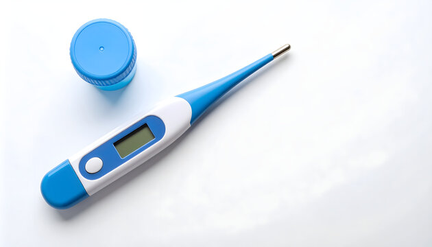 Thermometer lying on white background evoking simple and hygienic clinical medical device tech mood generative AI