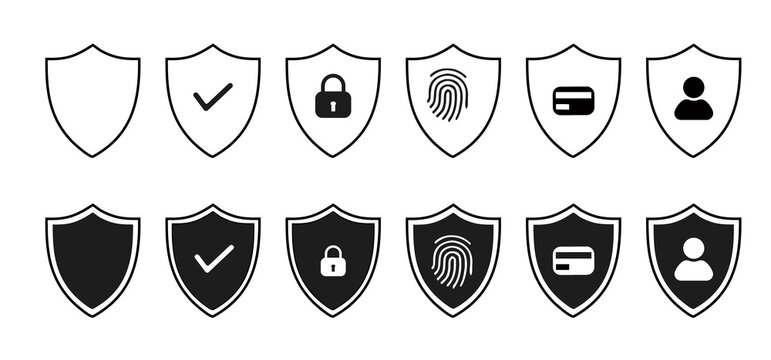 Security Shield Icon Set with Checkmark Lock Fingerprint Payment Card and User Profile Symbols