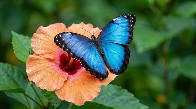 A Vivid Blue Morpho Butterfly Resting Gracefully Upon a Delicate Peach Colored Hibiscus Flower