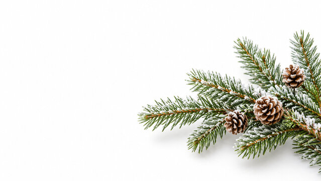 Frosted evergreen branch isolated on white with copy space