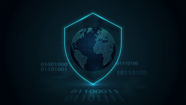 Glowing cloud security shield protecting digital globe with binary code rain