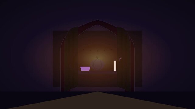 A premium gothic Halloween party scene revealed through a large arched portal door. The door handle unlocks the mechanism, the doors open to reveal a glowing Halloween party interior, then close again