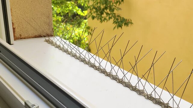 Anti pigeon spikes mounted on outdoor cornice prevent birds landing on building. Protective pigeon spikes block house ledge, stop pest perching, and maintain clean exterior facade structure.