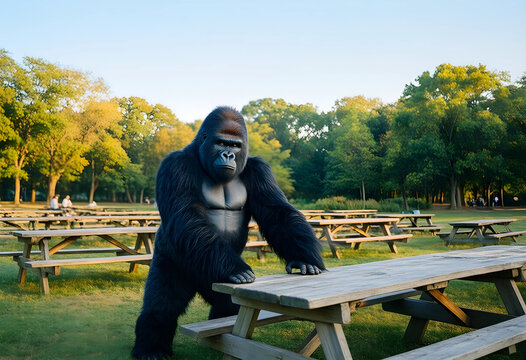 Wildlife conservation and nature habitat, silverback gorilla standing at a wooden picnic table in a public park during a sunny afternoon in summer