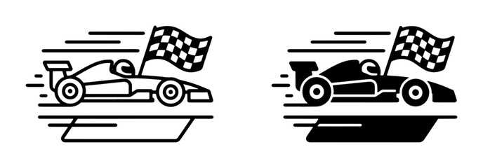 Obraz premium Formula 1 Racing Car Icon Set, Speeding Race Car with Checkered Flag, Vector Graphics for Motorsport and Competition Themes