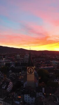 sunset in Zurich st. Peter&rsquo;s church 