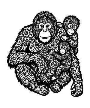 Intricate Orangutan Zentangle Mandala Floral Pattern Line Art Silhouette Vector Illustration Cut File