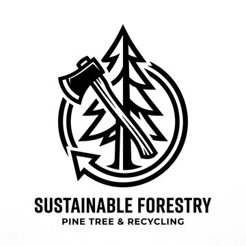 Sustainable forestry logo with axe and pine trees inside recycling symbol